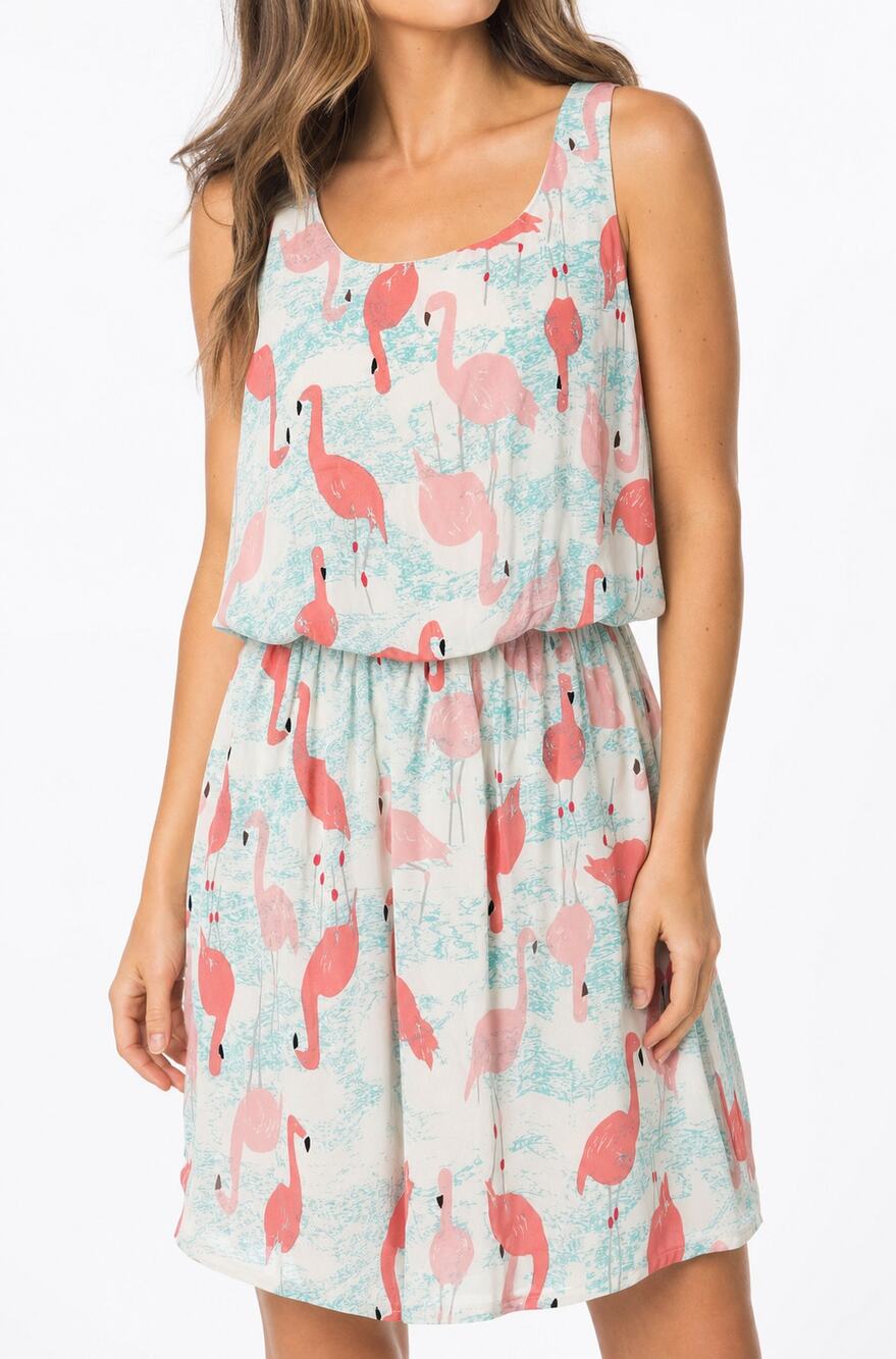 Everly Women Flamingo Print Sleeveless Pouf Blouson Dress Size L Tropical Whimsy